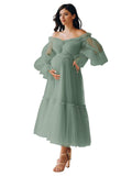 Eightale Tulle Tea Length Maternity Dresses for Photo Shoot Long Sleeve Pregnancy Gown for Baby Shower