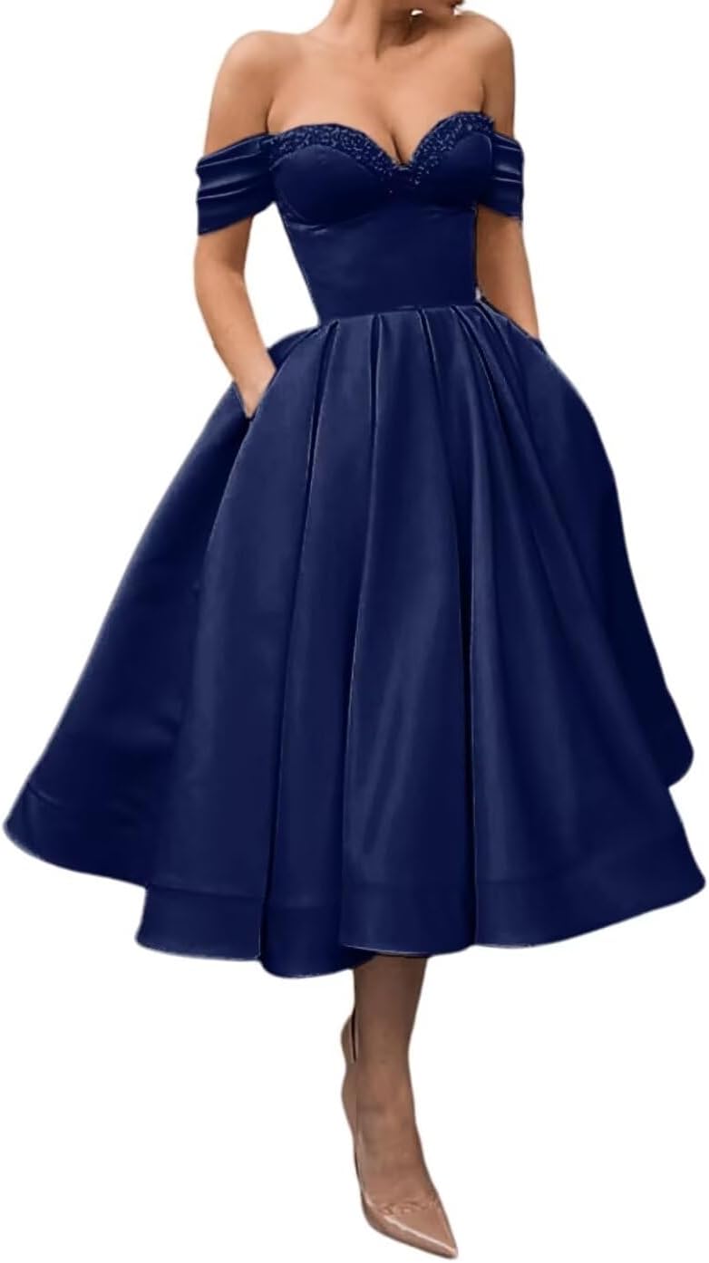 A Line Off Shoulder Prom Dresses for Women Satin Tea Length Cocktail Party Dresses with Pockets
