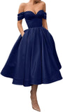 A Line Off Shoulder Prom Dresses for Women Satin Tea Length Cocktail Party Dresses with Pockets