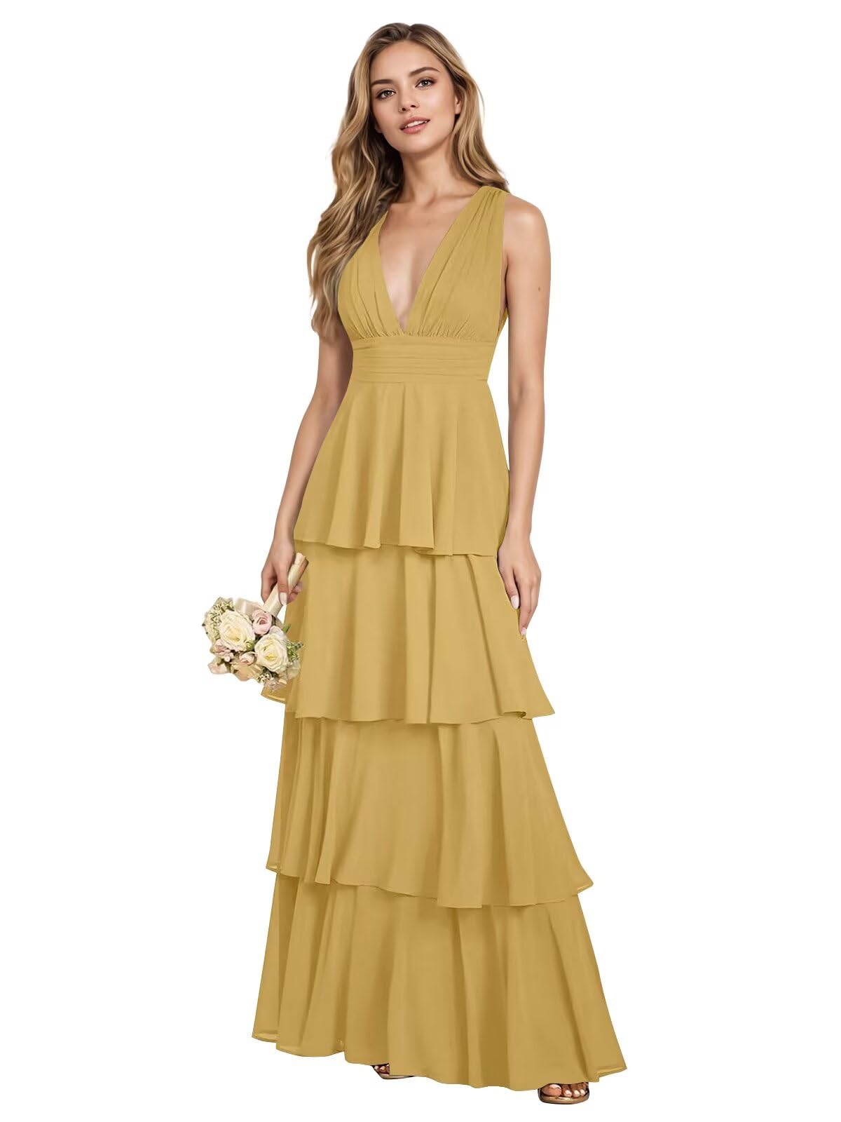 V Neck Chiffon Bridesmaid Dresses for Women 2027 Long Tiered A-Line Ruffles Formal Evening Party Dress