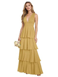 V Neck Chiffon Bridesmaid Dresses for Women 2027 Long Tiered A-Line Ruffles Formal Evening Party Dress
