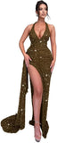 Sparkly Sequin Halter Prom Dresses for Women Mermaid Formal Dress with Slit Backless Ruched Evening Party Gowns
