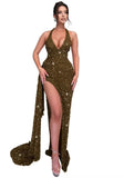 Sparkly Sequin Halter Prom Dresses for Women Mermaid Formal Dress with Slit Backless Ruched Evening Party Gowns