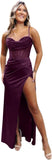 Satin Mermaid Prom Dresses Cowl Neck Spaghetti Straps Beaded Ruched Long Formal Gown with Slit