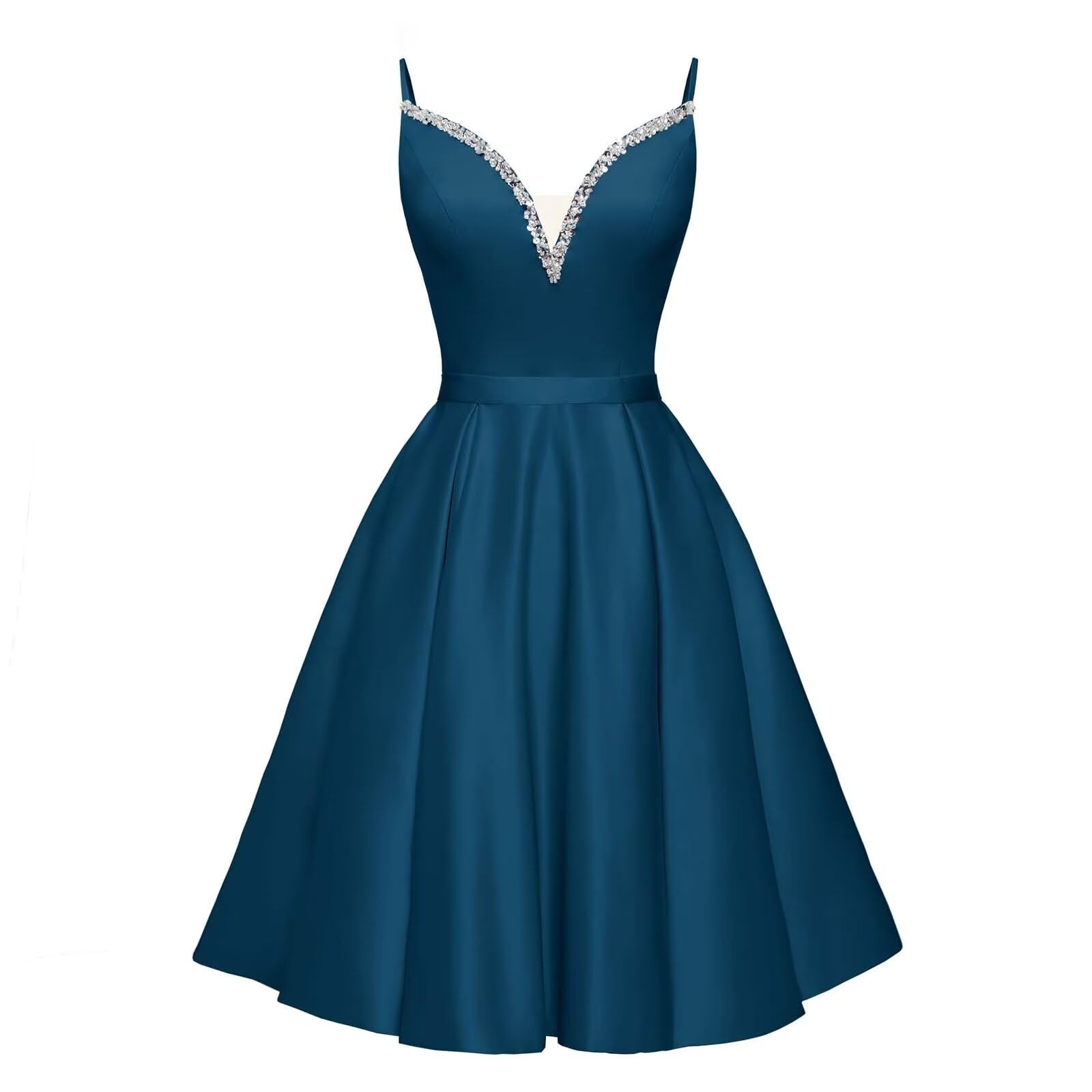 Spaghetti Straps Satin Homecoming Dresses for Teens V-Neck Short Prom Dress A-Line Beaded Cocktail Party Gowns
