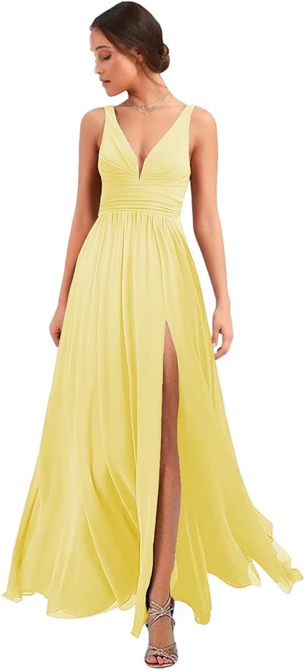 Women's Deep V Neck Bridesmaid Dresses with Slit Chiffon Pleats A Line Formal Party Dresses with Pockets