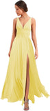 Women's Deep V Neck Bridesmaid Dresses with Slit Chiffon Pleats A Line Formal Party Dresses with Pockets