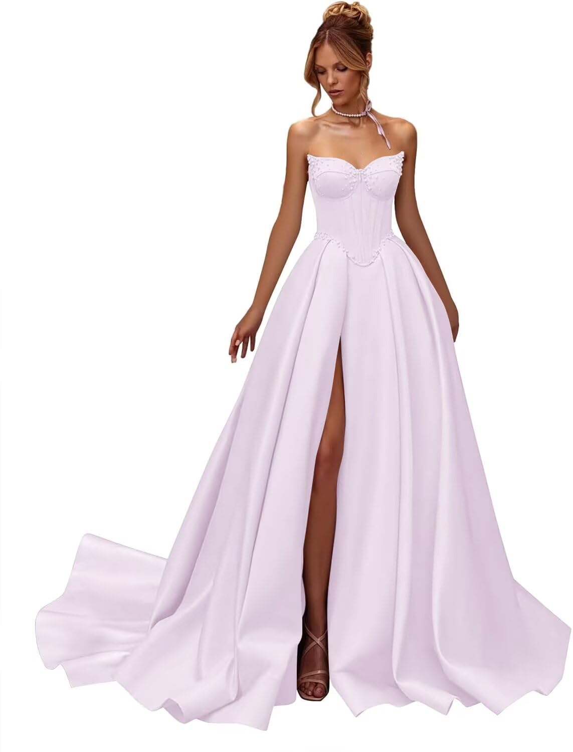 Kingbridal Gowns Strapless Prom Dresses for Women 2026 Long Satin A-line Formal Dress with Slit Beaded Corset Evening Party Gowns