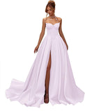 Kingbridal Gowns Strapless Prom Dresses for Women 2026 Long Satin A-line Formal Dress with Slit Beaded Corset Evening Party Gowns