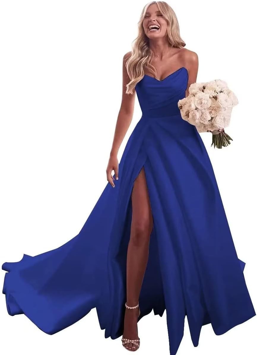 Trägerloses Ballkleid, langes Ballkleid, Satin-Brautkleid für die Braut, A-Linie, formelle Abendkleider mit Schlitz 