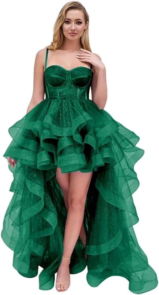 Spaghetti Cocktail Party Dress for Women High-Low Ruffled Summer Dress Long Trailing Prom Ball Gown
