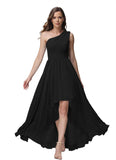 Vestido de dama de honor de un solo hombro para mujer, vestido formal de noche de gasa con bolsillos y corte alto bajo