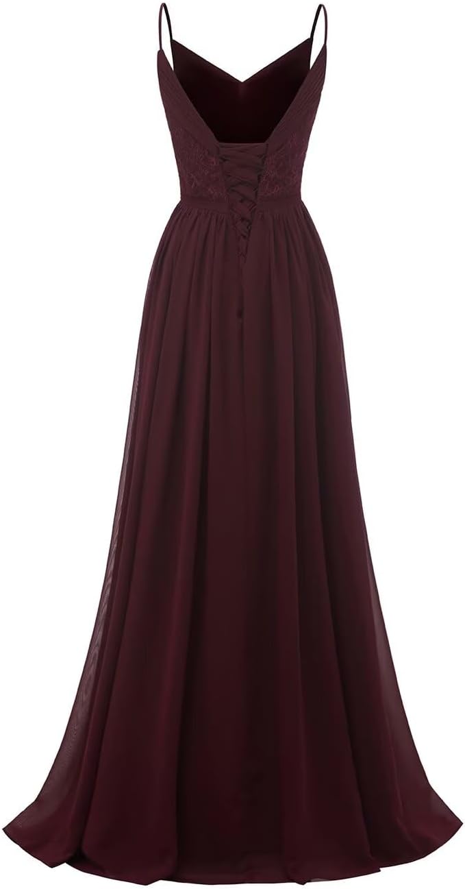 Women's Lace Chiffon Bridesmaid Dresses for Wedding Long Spaghetti Straps Bodice Formal Party Gown with Pockets