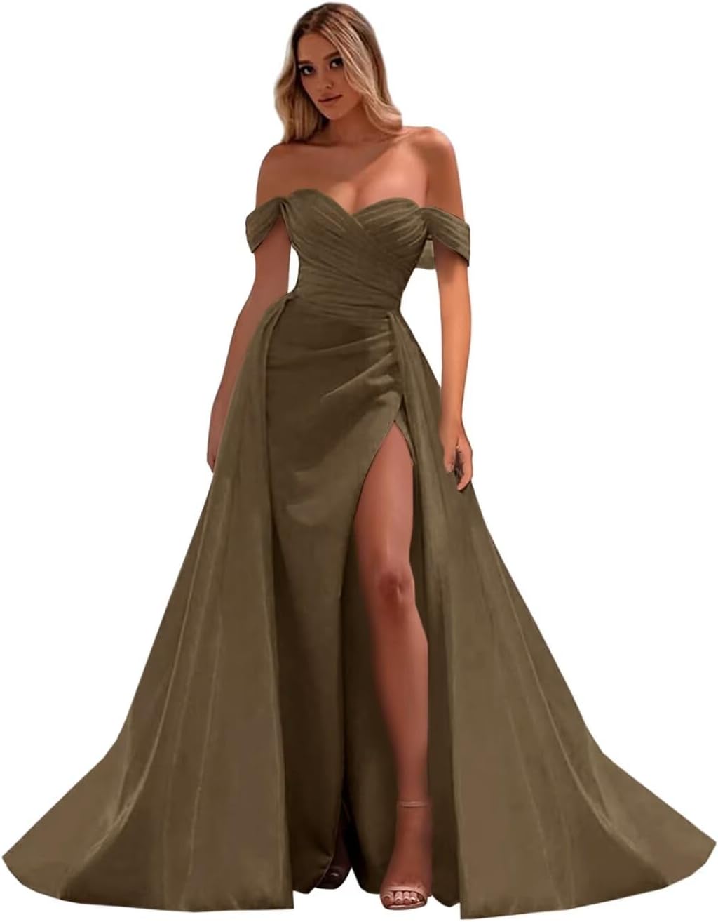 Vestidos de fiesta de satén con hombros descubiertos, corte sirena, fruncido, de noche formal, para mujer 