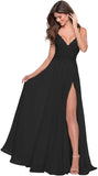 Women's Lace Appliqued Chiffon Prom Dresses Long with Slit Spaghetti Straps V Neck Formal Party Gowns