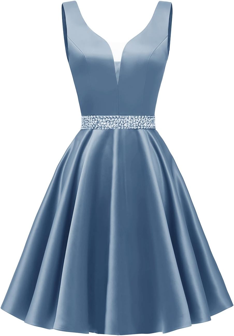 Satin Glitter Homecoming Dresses for Teens Short Prom Dress V-Neck Beaded Evening Formal Cocktail Party Gowns