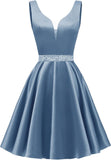 Satin Glitter Homecoming Dresses for Teens Short Prom Dress V-Neck Beaded Evening Formal Cocktail Party Gowns