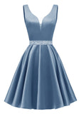 Satin Glitter Homecoming Dresses for Teens Short Prom Dress V-Neck Beaded Evening Formal Cocktail Party Gowns