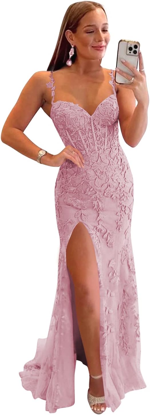 Women's Lace Mermaid Prom Dresses Long with Slit Mermaid Spaghetti Straps Backless Formal Evening Gowns