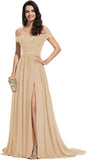 Women's Off The Shoulder Long Prom Dresses with Slit Lace Appliqued Chiffon Formal Party Gowns
