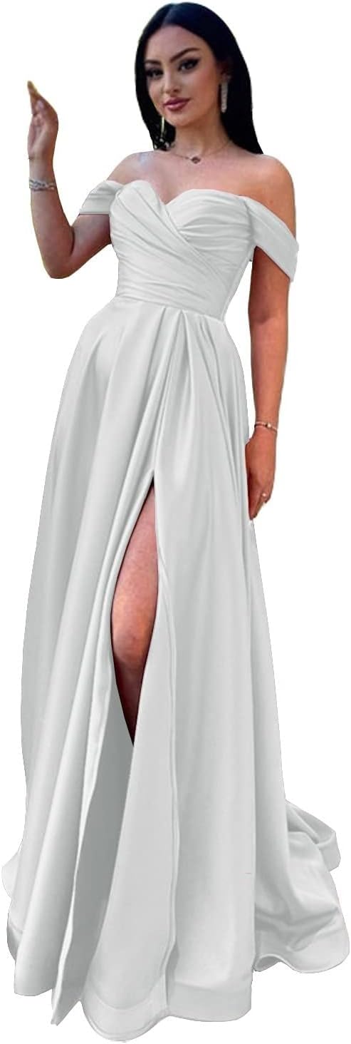 Schulterfreies Satin-Ballkleid, herzförmiger Ausschnitt, formelles Kleid, A-Linie, Abendkleid mit Schlitz 