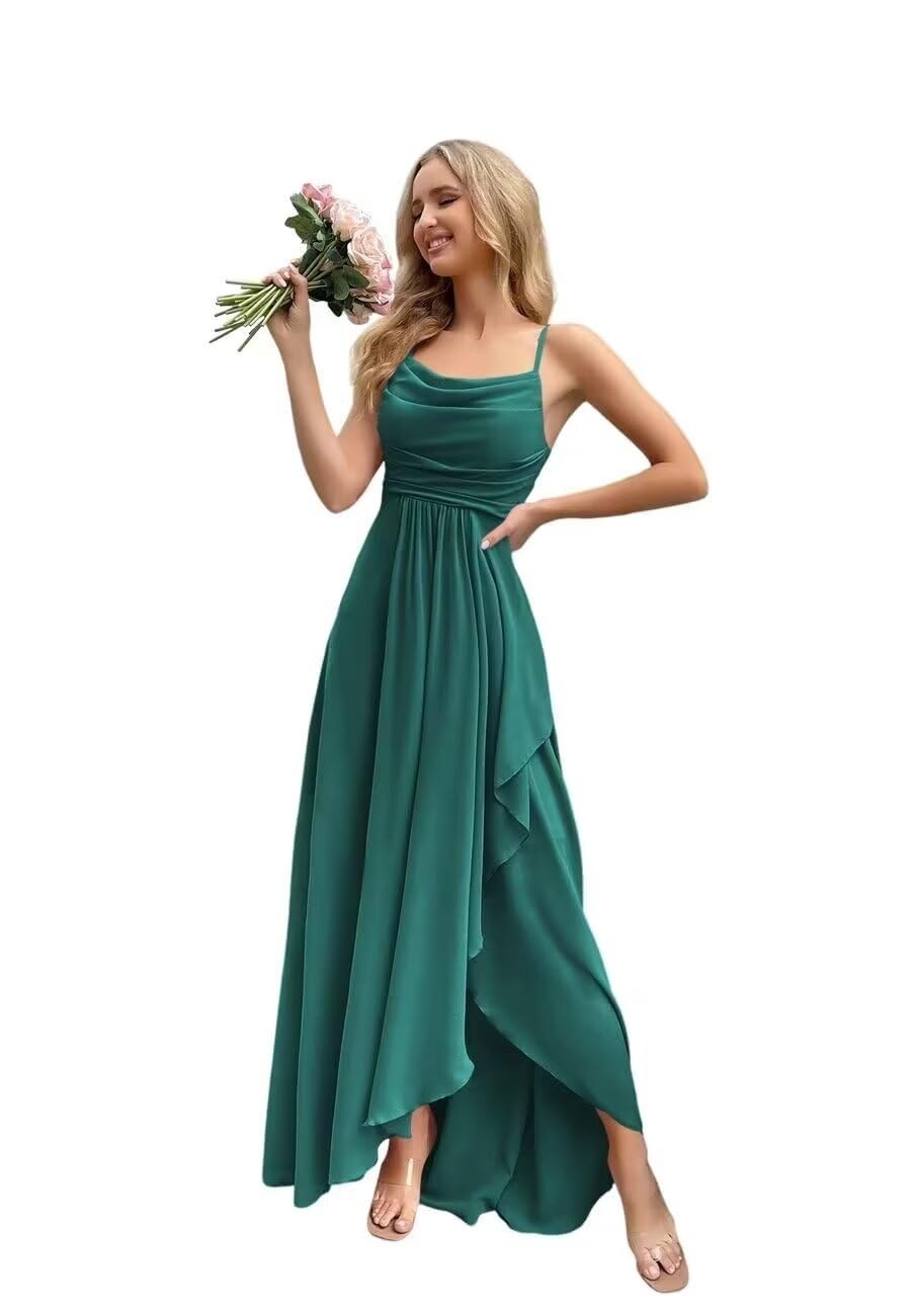 Spaghetti Strap Chiffon Bridesmaid Dresses for Women Long Ruched A-Line Cowl Neck Formal Evening Gowns with Slit