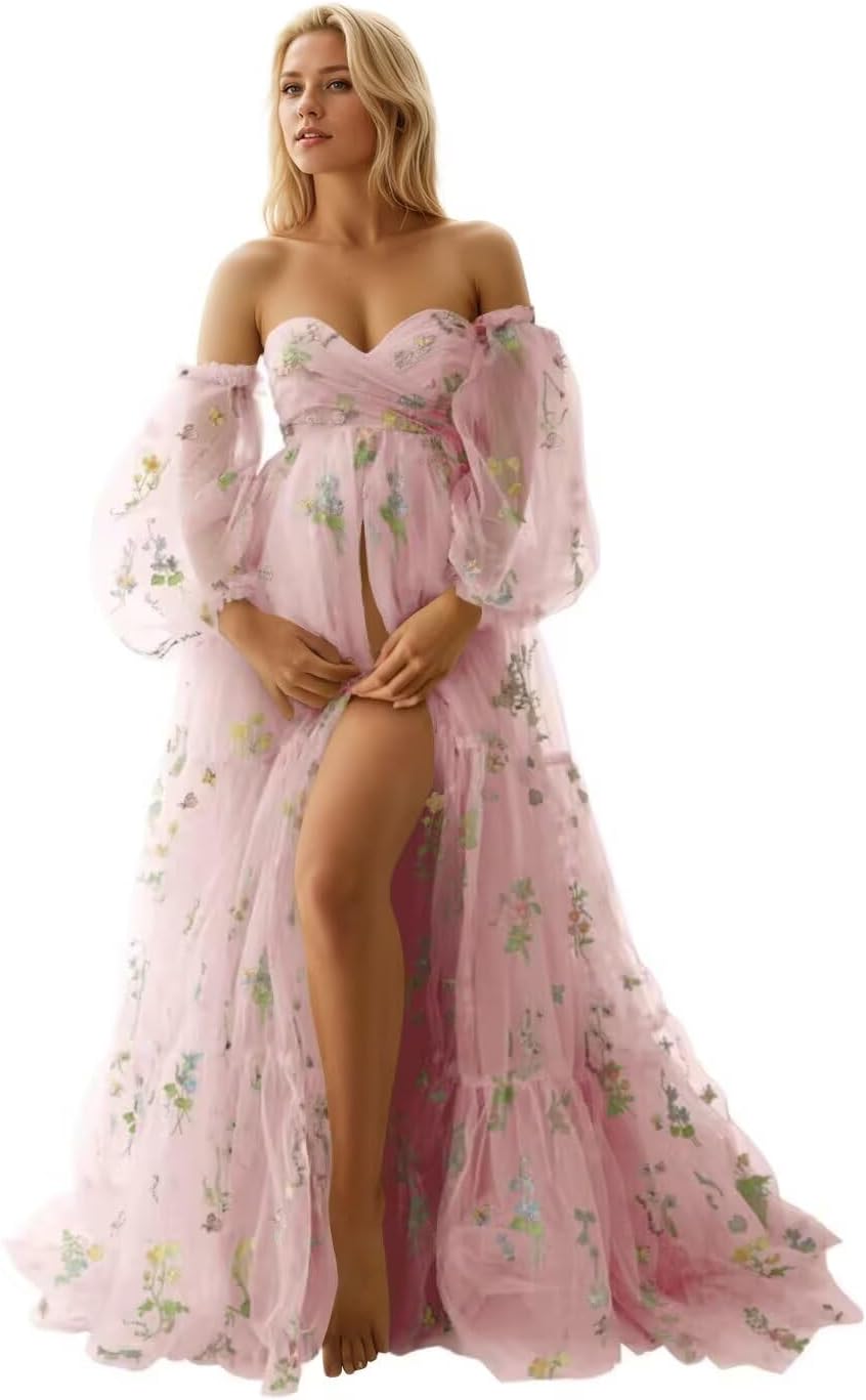 Flower Embroidery Tulle Maternity Dresses for Photoshoot Long Puffy Sleeve Off Shoulder Pregnancy Baby Shower Dress