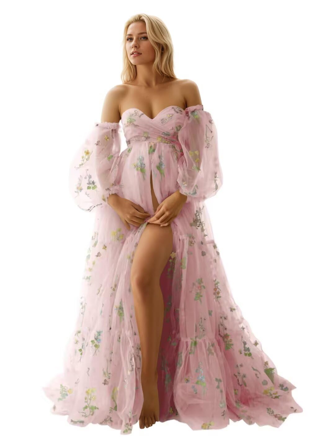 Kingbridal Gowns Flower Embroidery Tulle Maternity Dresses for Photoshoot Long Puffy Sleeve Off Shoulder Pregnancy Baby Shower Dress