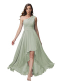 Vestido de dama de honor de un solo hombro para mujer, vestido formal de noche de gasa con bolsillos y corte alto bajo