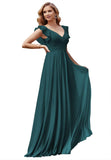 Women's V Neck Ruffle Chiffon Bridesmaid Dresses Long with Pockets Ruched Formal Dresses