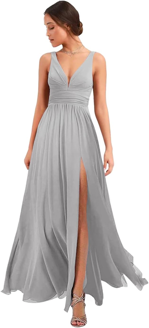 Women's Deep V Neck Bridesmaid Dresses with Slit Chiffon Pleats A Line Formal Party Dresses with Pockets