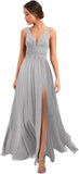 Women's Deep V Neck Bridesmaid Dresses with Slit Chiffon Pleats A Line Formal Party Dresses with Pockets