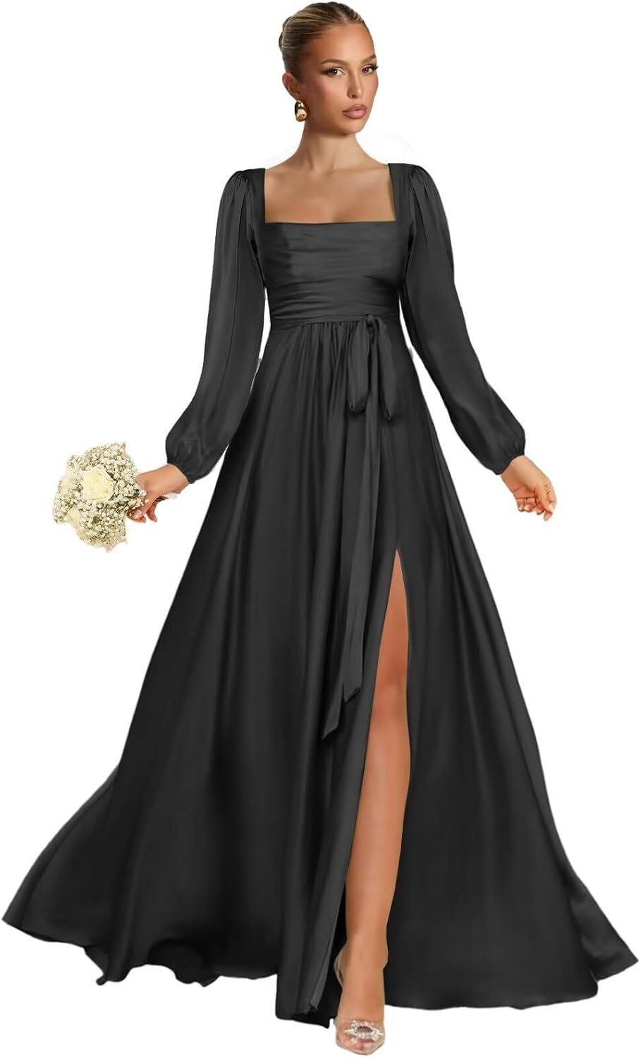 Satin Bridesmaid Dresses with Slit Long Sleeve Square Neck A Line Maxi Formal Dress