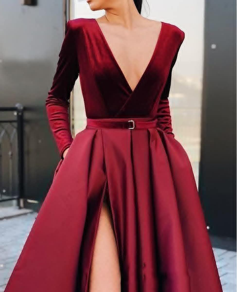 Vestido de fiesta de satén con lentejuelas brillantes para mujer, con bolsillos, manga larga y abertura. 