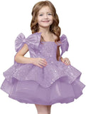 Sparkly Sequin Puffy Flower Dresses Short Girls A Line Princess Bow Knot Birthday Party Dress