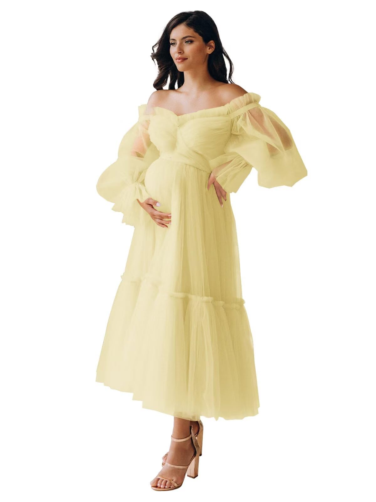 Eightale Tulle Tea Length Maternity Dresses for Photo Shoot Long Sleeve Pregnancy Gown for Baby Shower