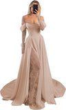 Off Shoulder Satin Wedding Dresses Lace Long Sleeve Prom Dresses Corset A-Line Ball Gowns with Slit