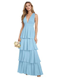 V Neck Chiffon Bridesmaid Dresses for Women 2027 Long Tiered A-Line Ruffles Formal Evening Party Dress
