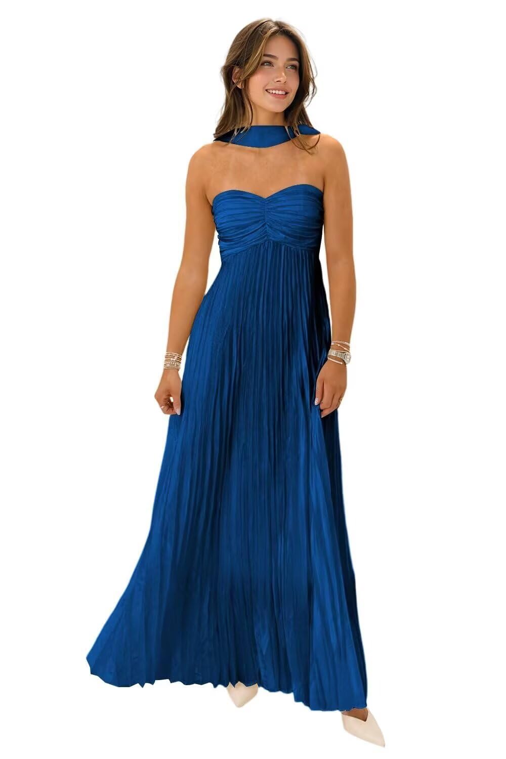 Women's Strapless Chiffon Bridesmaid Dresses with Scarf Long A-Line Pleated Formal Evening Dress