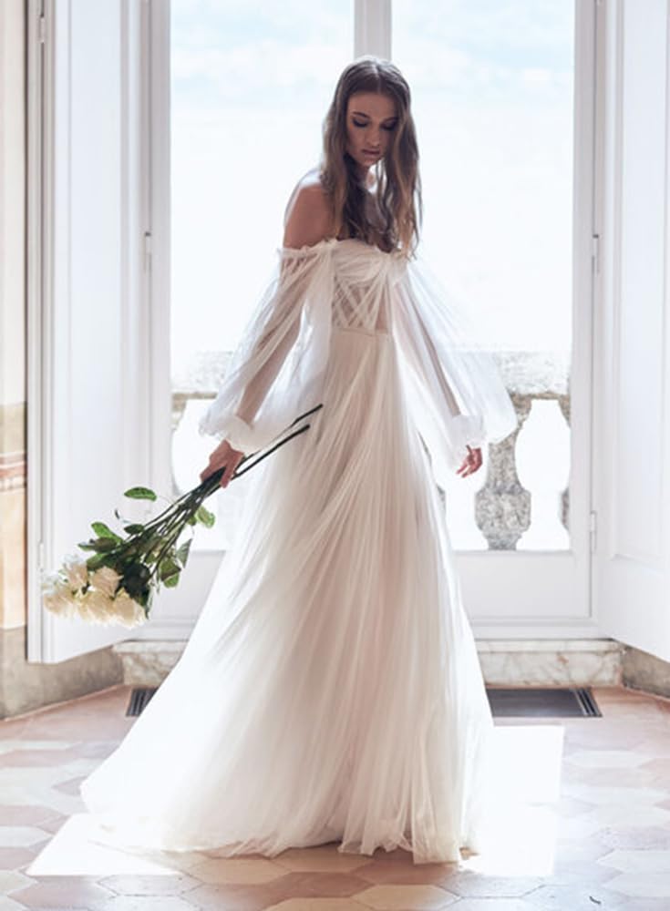 Women's Puffy Long Sleeve Prom Dresses with Slit Off Shoulder Tulle Wedding Formal Evening Gowns