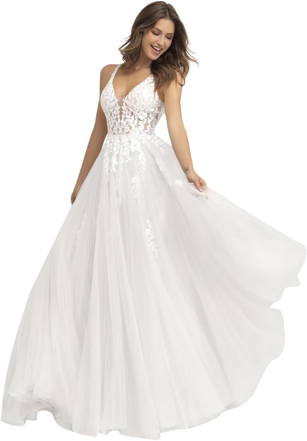 Kingbridal Gowns Lace Appliques Wedding Dresses for Bride Long V Neck Tulle Chiffon A-line Sleeveless Bridal Ball Gown for Women