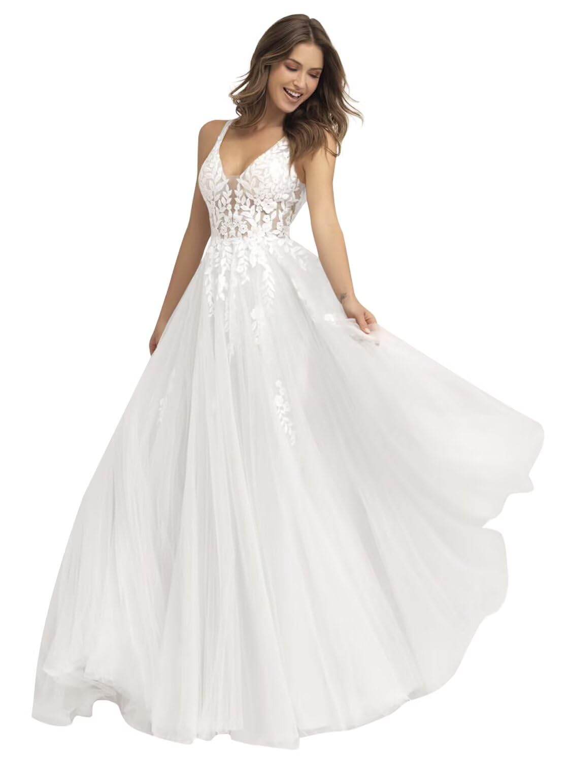 Kingbridal Gowns Lace Appliques Wedding Dresses for Bride Long V Neck Tulle Chiffon A-line Sleeveless Bridal Ball Gown for Women
