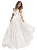 Kingbridal Gowns Lace Appliques Wedding Dresses for Bride Long V Neck Tulle Chiffon A-line Sleeveless Bridal Ball Gown for Women