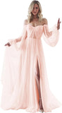 Women's Puffy Long Sleeve Prom Dresses with Slit Off Shoulder Tulle Wedding Formal Evening Gowns