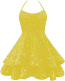 Sparkly Sequin Homecoming Dresses 2026 Spaghetti Straps Tiered Prom Dresses for Teens Short Cocktail Party Gowns