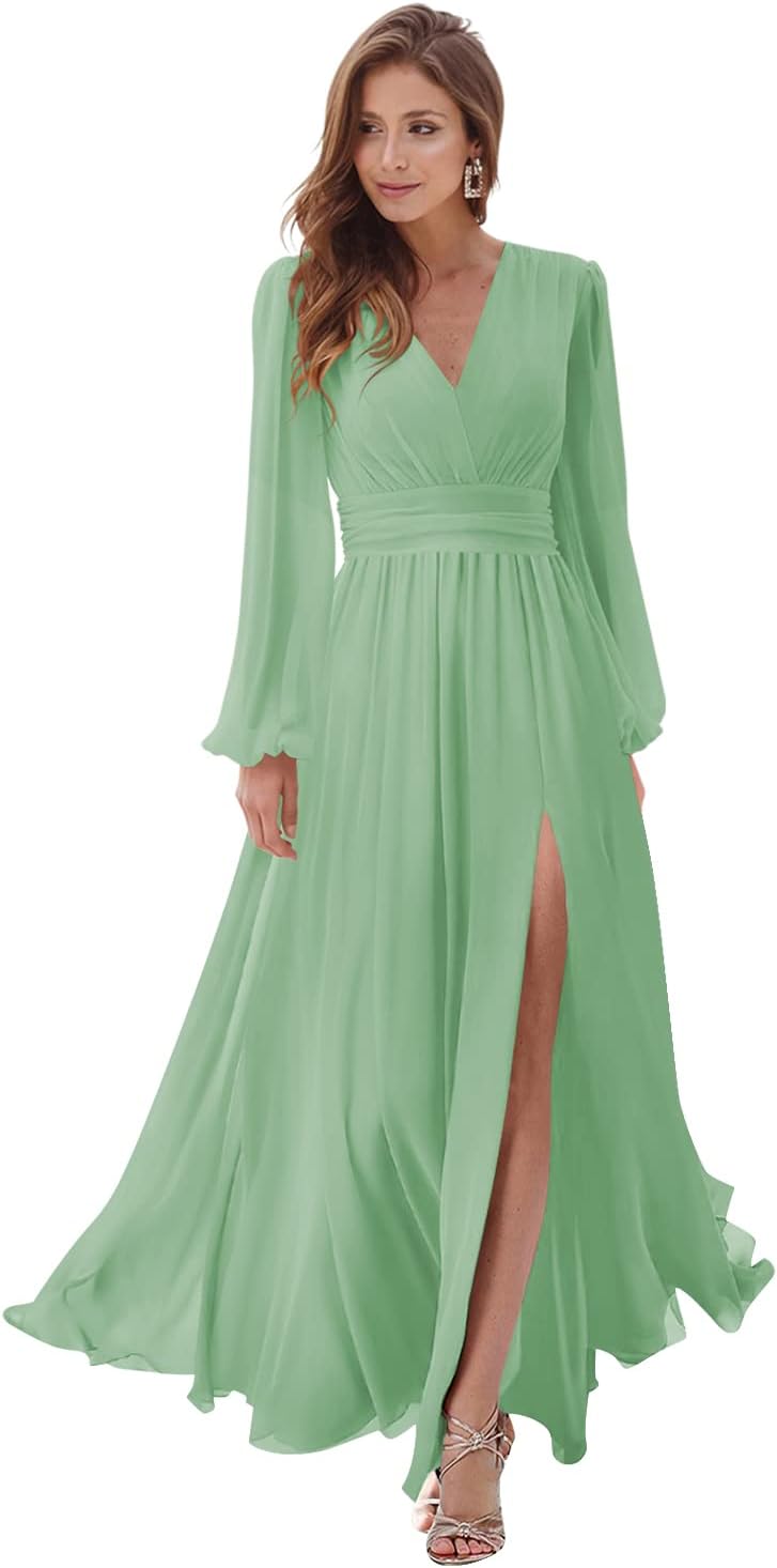 Women's Long Sleeve Bridesmaid Dresses with Slit V Neck A Line Chiffon Formal Evening Gowns with Pockets Mother of the Bride Gowns