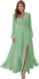 Women's Long Sleeve Bridesmaid Dresses with Slit V Neck A Line Chiffon Formal Evening Gowns with Pockets Mother of the Bride Gowns
