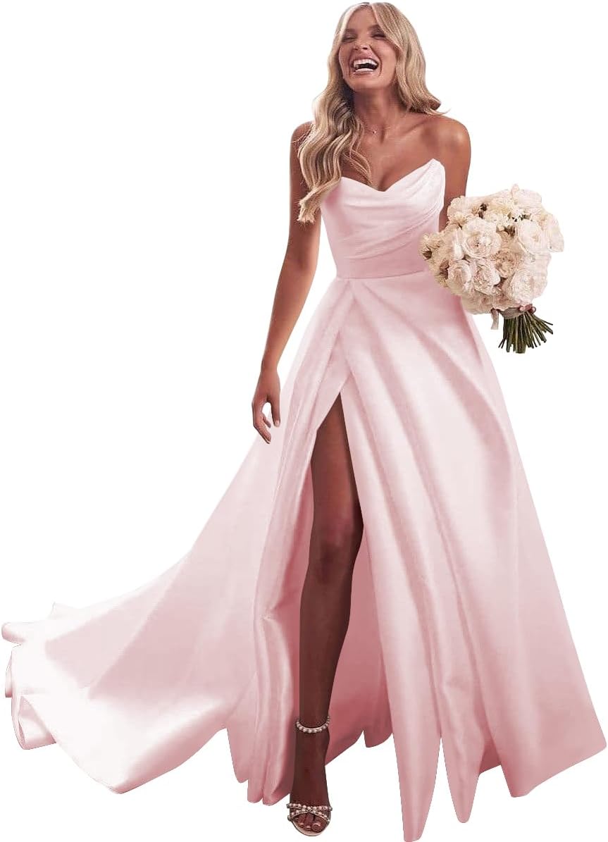 Strapless Satin Prom Wedding Dresses with Slit Long Pleats Formal Ball Bridal Gowns with Pockets