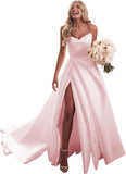 Strapless Satin Prom Wedding Dresses with Slit Long Pleats Formal Ball Bridal Gowns with Pockets