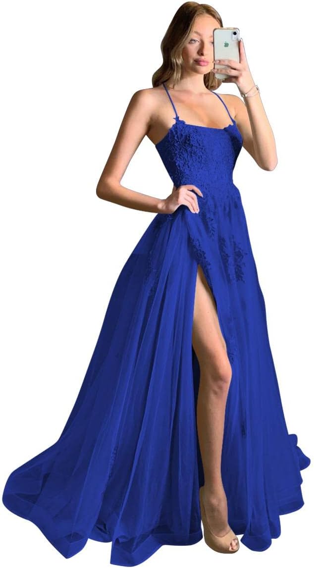 Women's Lace Criss-Cross Prom Dresses with Slit Spaghetti Straps Long Formal Evening Gowns